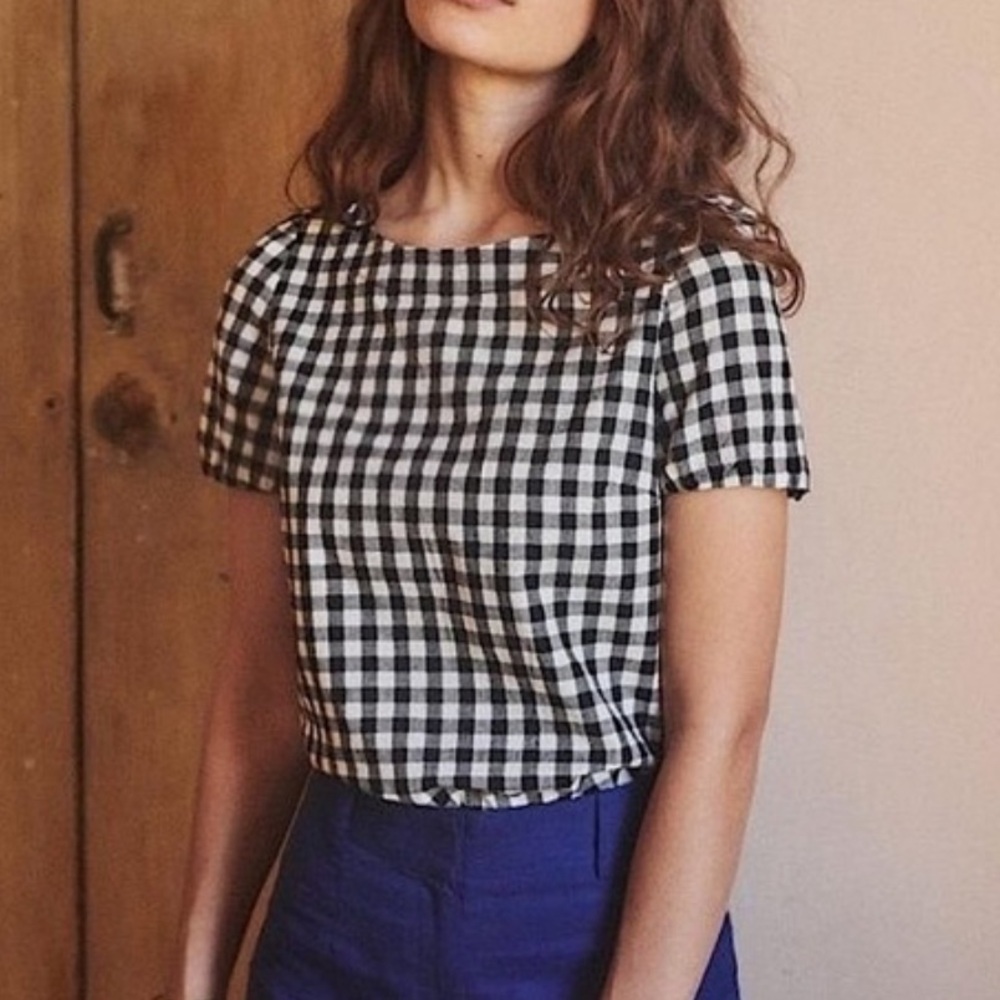 Sezane Black and White Checkered Short Sleeve Top
